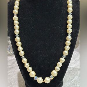 Vintage Faux Pearl Necklace Matte Soft Cream Jewelry AB Crystal